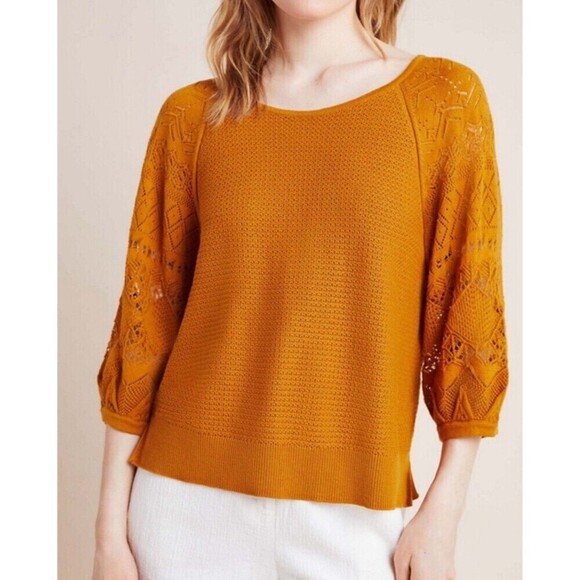 Anthropologie Tops - By Anthropologie Martina Pointelle Boho Crochet Sweater Tee Women’s XS Honey